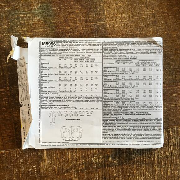 McCalls Sewing Pattern M5956 Adult Costume Dog Wolf Pig Monkey Jumpsuit UNCUT - Picture 2 of 3